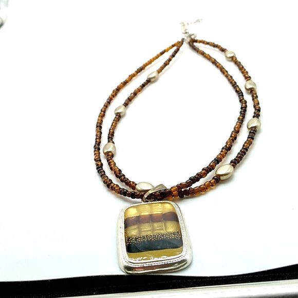 VTG Kenneth Cole 2-Strand Necklace Beaded Earth Tone Enamel Pendant Faux Pearls - Picture 9 of 15